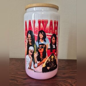 🪻3/$25 Aaliyah pink white glitter glass tumbler wooden lid straw 16oz R&B